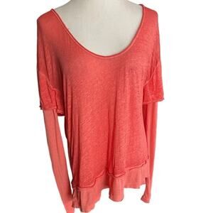 Free People Magic Relaxed Layered Top Women XS Coral Tee Shirt Burnout Pink L/S